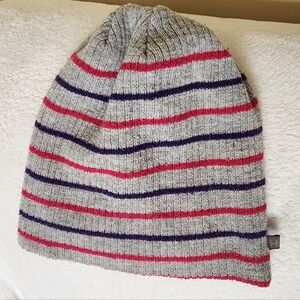 Kids Grey Striped Knit Beanie Hat - Pink, Grey & Purple